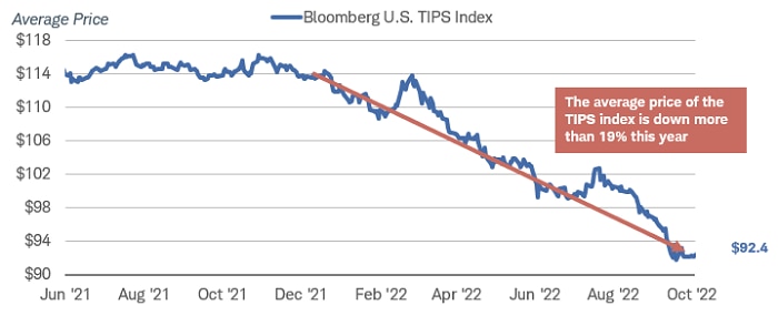 Chart shows the average price of the Bloomberg U.S. TIPS Index from June 2021 to October 2022. The average price has fallen from more than $114 in late 2021 to $92.4 on October 18, 2022.